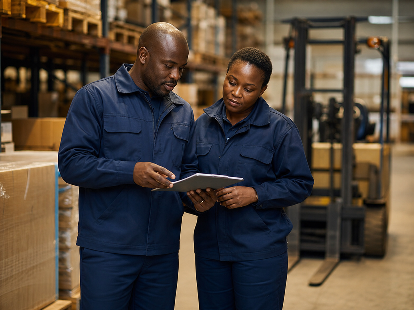 Logistics staff reviewing operational documents in a warehouse